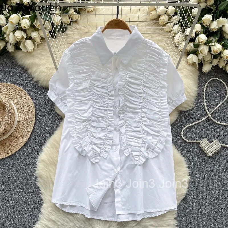 Korean Women Clothing Two Piece Sets Denim Skirt Outfits Folds White Blouses Bodycon Mini Skirts Suit Fashion Casual Summer Set