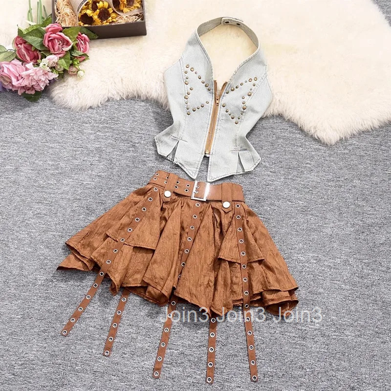 Skirt Suit Women Clothes Two Piece Sets Rivet V-neck Denim Crop Tops Irregular A-line Mini Skirts Outfits Summer Sexy Y2k Set