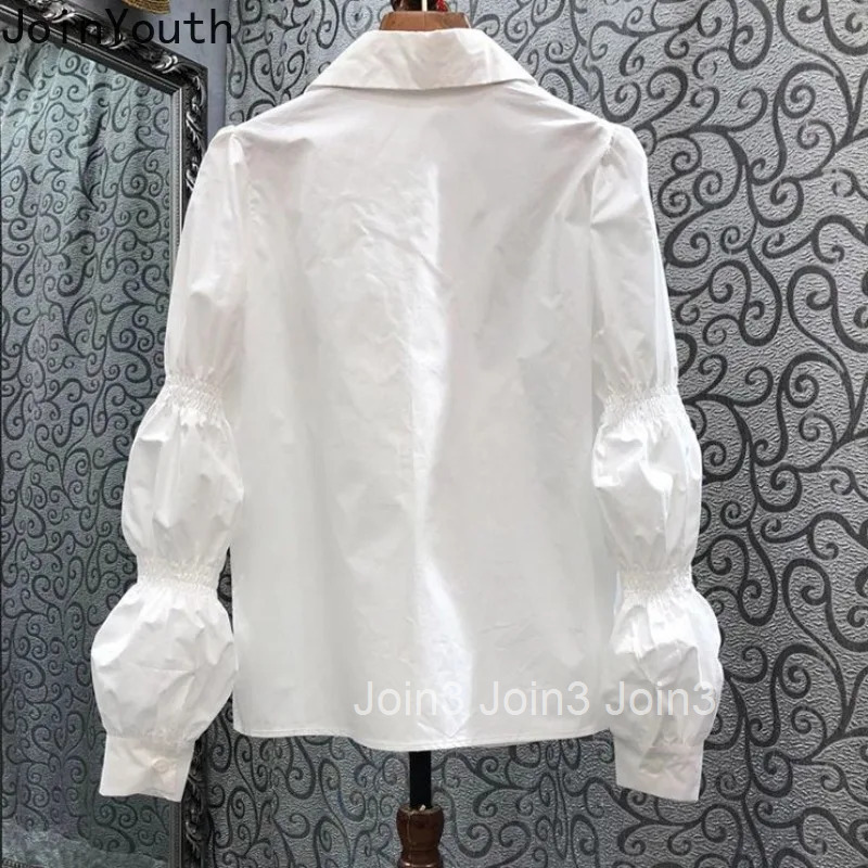 2025 Camisas De Mujer Puff Sleeve Pointed Collar Blouses Women Temperament Ladies Tops Tunic White Shirts Vintage Korean Blouse