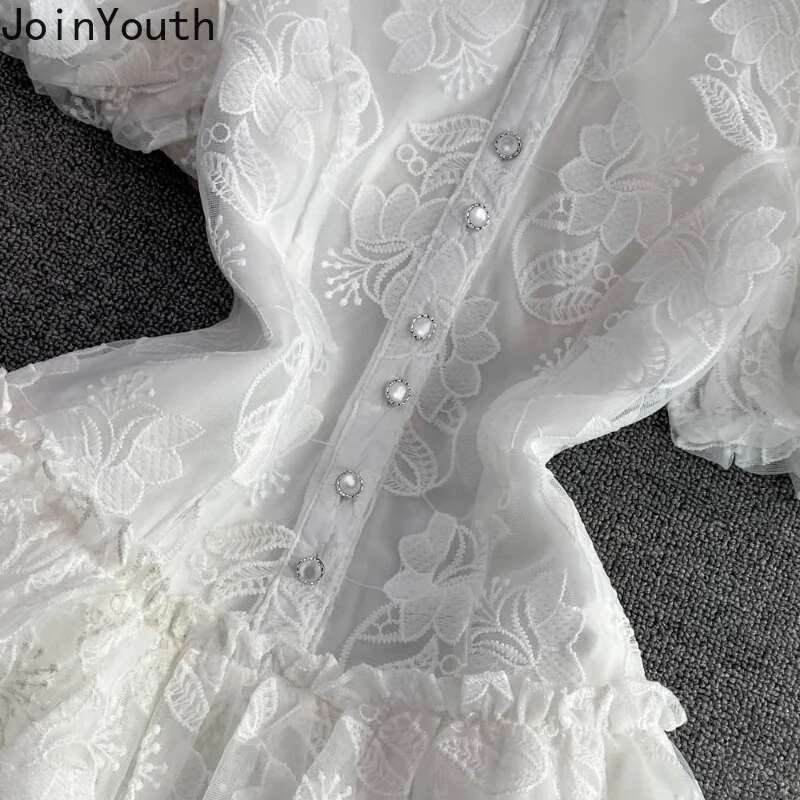 2025 Vestidos De Mujer Summer Dresses for Women Temperament Tunic Lace White Robe Femme Puff Sleeve Embroidery Fashion Dress