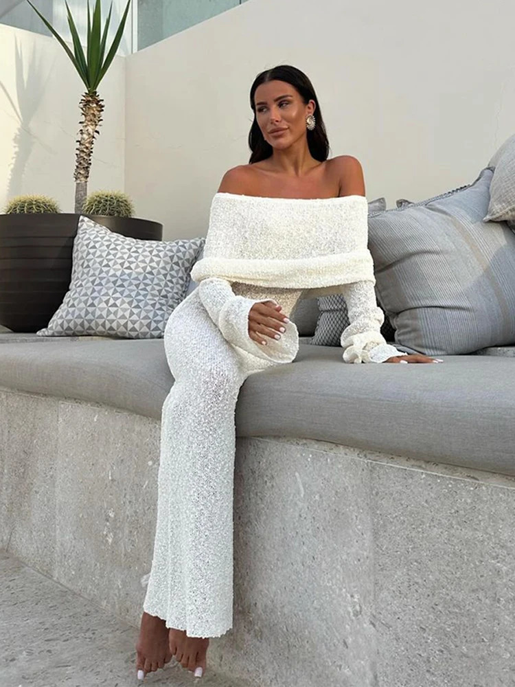 White Elegant Off Shoulder Knit Long Dress Women Fashion Full Sleeve Strapless Bodycon Dresses Summer Beach Vocation Vestidos 250617