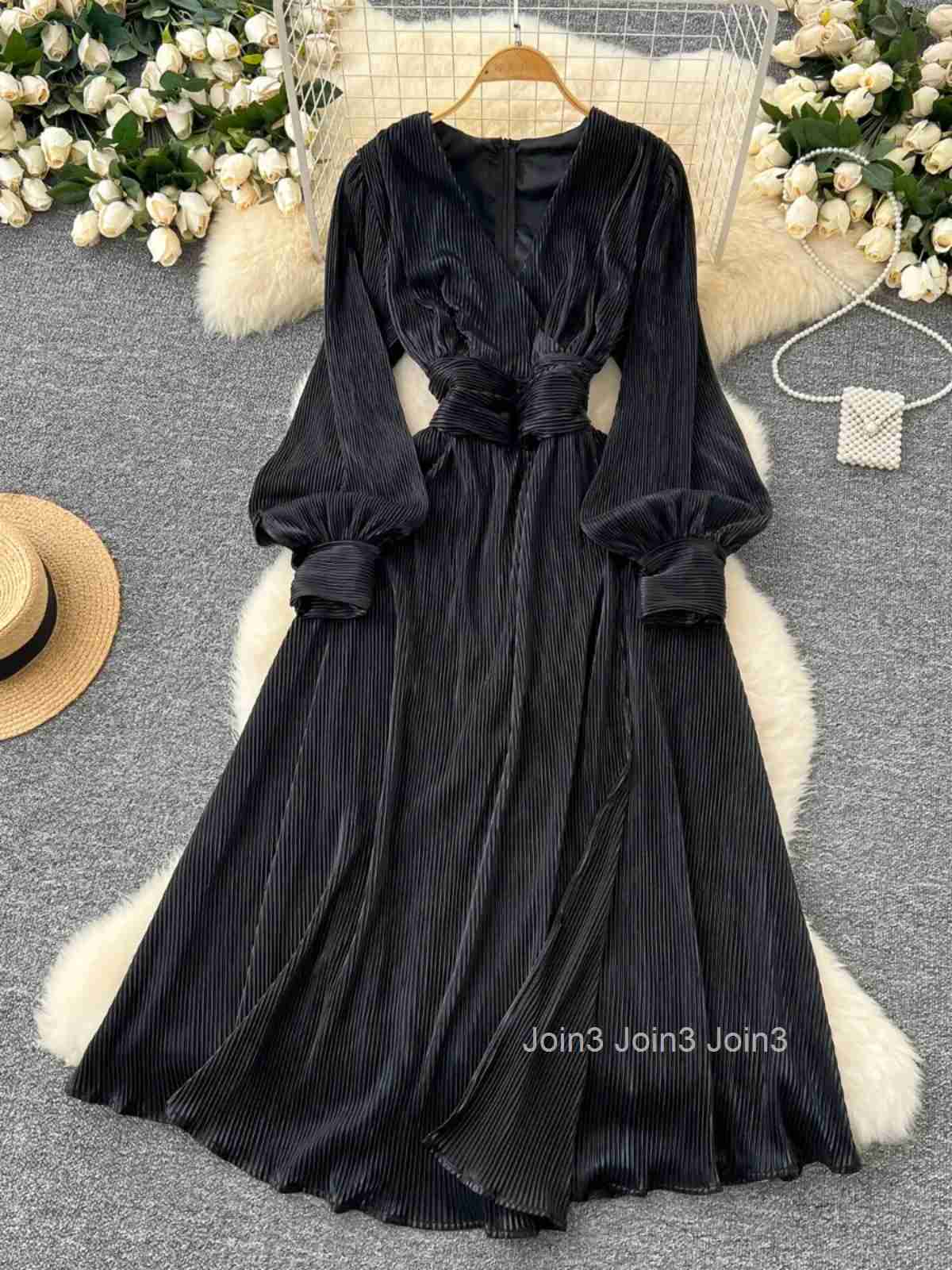 Temperament Woman Dress Korean Chic Robe Femme Womens Clothing Slim Waist V-neck Pleated Maxi Dresses 2025 Vestidos De Mujer