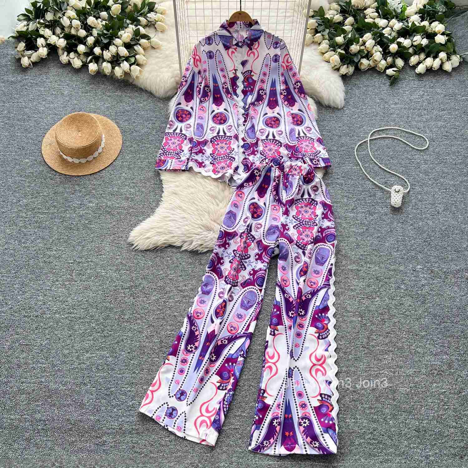 Women Clothes Pants Outfits 2 Piece Sets Roupas Femme Long Sleeve Loose Blouses High Waist Wide Leg Pants Suit Summer Floral Set