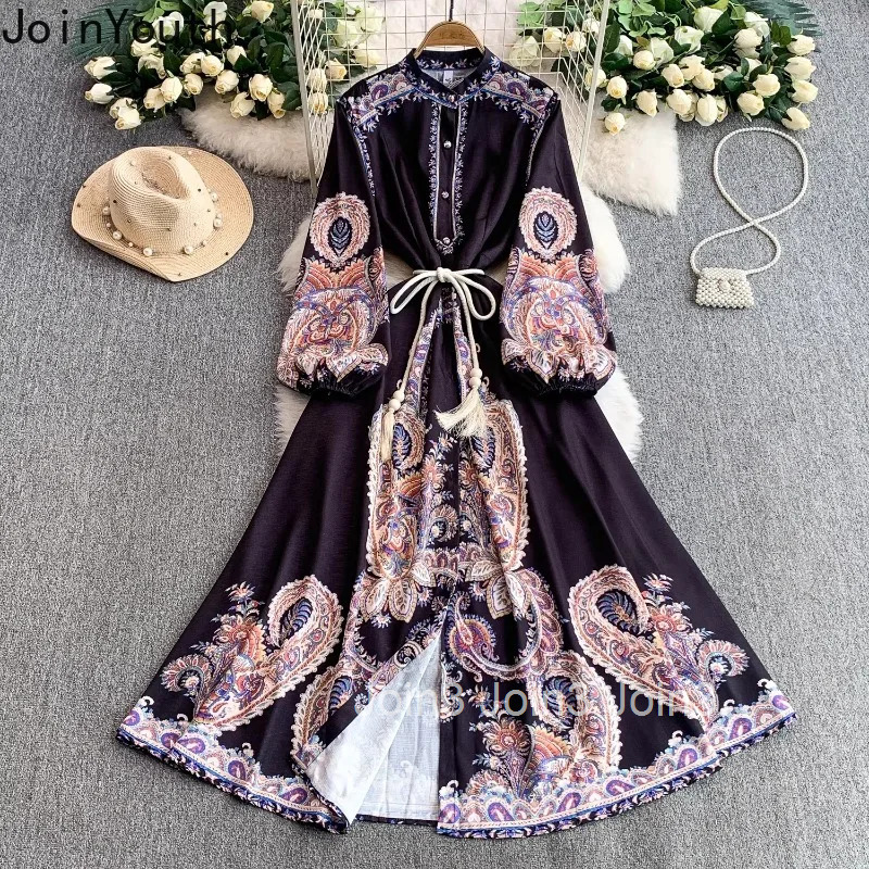 Vintage Womens Dress Stand Neck Lantern Sleeve Slim Waist Floral Robe Femme 2025 Vestidos De Mujer Chic Summer Maxi Dresses