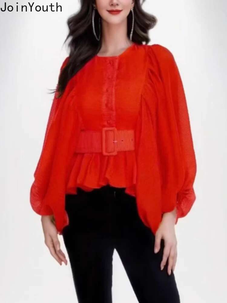 2025 Blusas Mujer De Moda Blouse for Women Lantern Sleeve Slim Waist Shirts Ruffles Single Breasted O-neck Blouse Tops Female