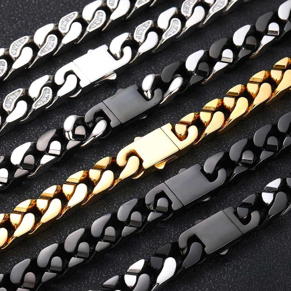 Hip Hop 12mm Stainless CNC Semi-Inlaid Dia Zirconia Four-Sided Polished Cuban Chain Titanium Steel Necklace 6c2c