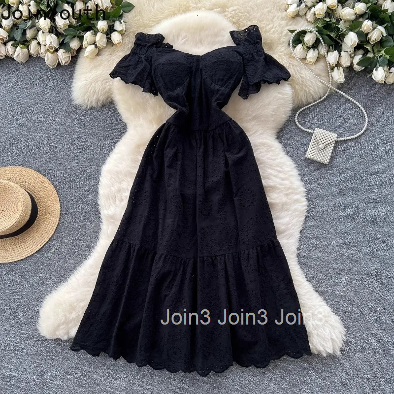 Women Clothing Summer Dresses Slash Neck Slim Waist A-line Robe Femme Temperament Robe Femme Hollow Out Embroidery Sweet Dress