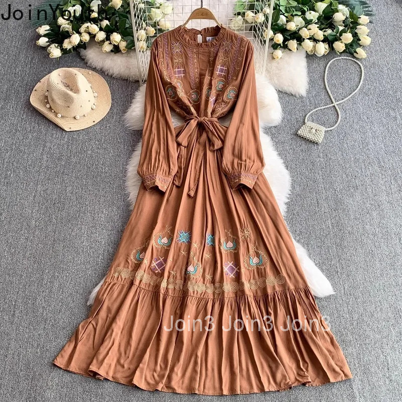 Vintage Woman Dress 2025 Vestidos De Mujer Slim Waist Ruffles Embroidery Robe Femme O-neck Lantern Sleeve Summer Maxi Dresses
