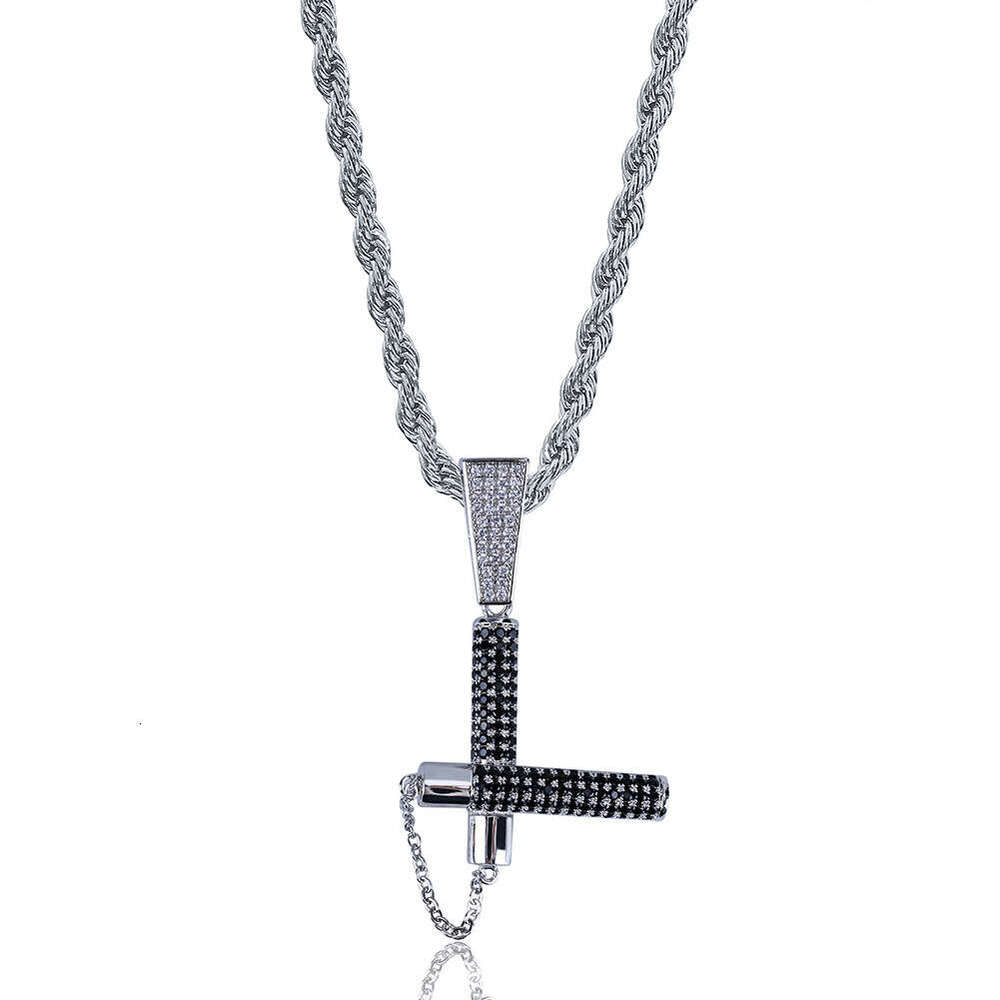 Hip Hop Micro Paved Black Zircon Nunchaku Pendant Men's Trendy Necklace