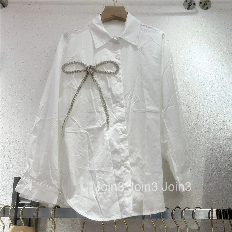 Temperament Lady Tops Vintage Blouse Women Diamond Bow Long Sleeve Shirts Loose Chic White Blouses 2025 Blusas Mujer De Moda