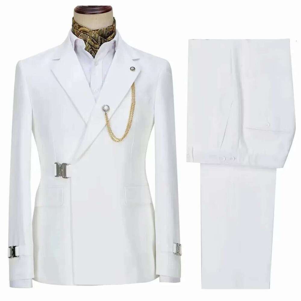Elegant Men's 2 Pieces Fashion Metal Buckle Jacket Boutique Business Casual Suit Coat Groom Wedding Dress (Blazers+Pants)
