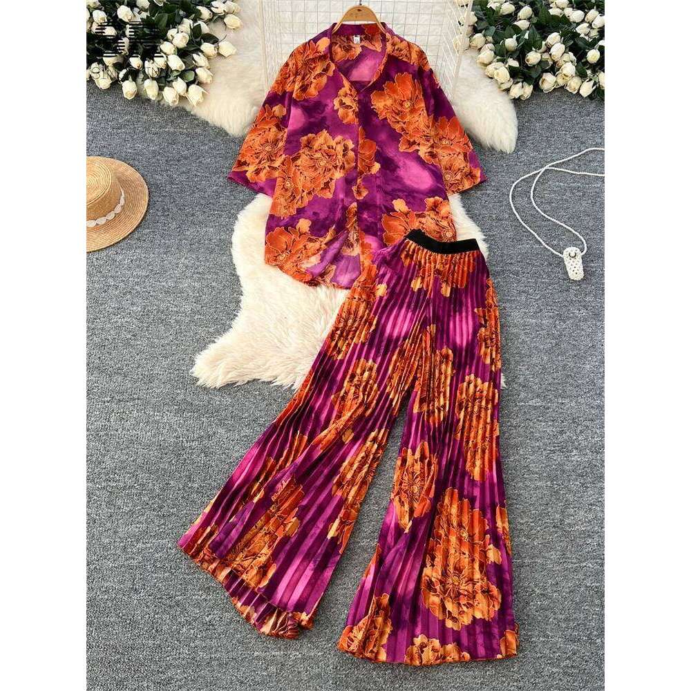 Designer Leisure High Quality SINGREINY Spring Print Two Pieces Suits Single Breasted Turn-down Collar Tops+Pleated Long Pants Women Streetwear Casual