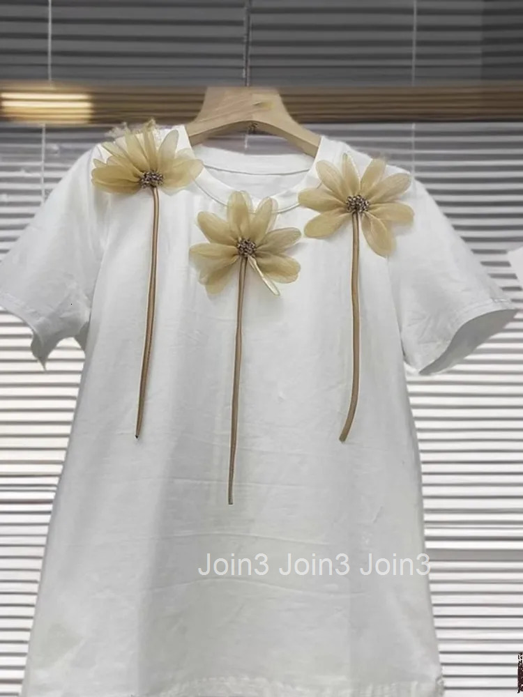White Casual Woman Tshirts O-neck Short Sleeve Tees Fashion Korean Camisetas 3D Floral Summer T-shirt Tops Women Clothing 63c631