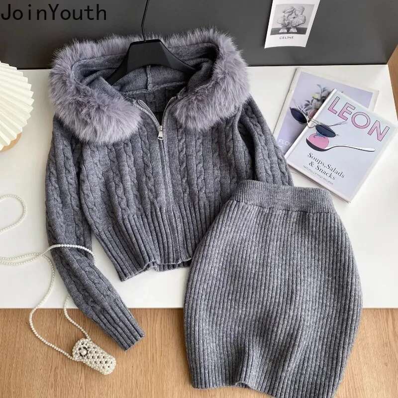 Korean Two Piece Sets 2025 Women Clothing Hooded Ribbed Cropped Cardigan High Waist Mini Bodycon Skirt Outfits Chic Casual Suit