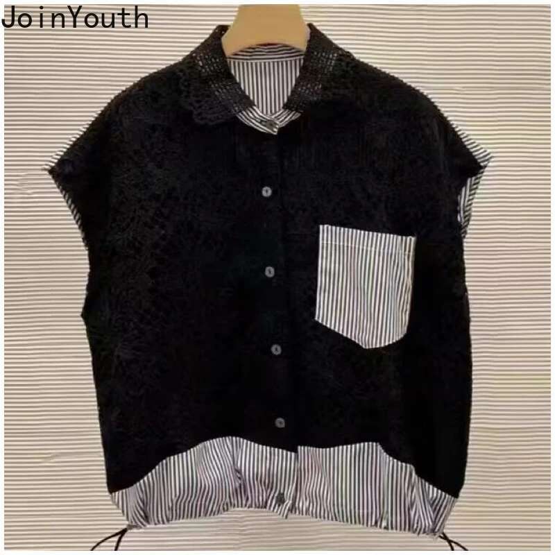 Camisas De Mujer Sleeveless Summer Blouse Womens Clothing 2025 Patchwork Striped Lace Embroidery Fashion Shirts Tops Female