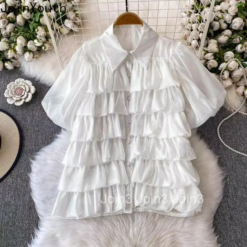 Vintage Women Shirts 2025 Blusas Mujer De Moda Sweet Ruffles Puff Sleeve Summer Blouses Korean Tops Temperament White Blouse
