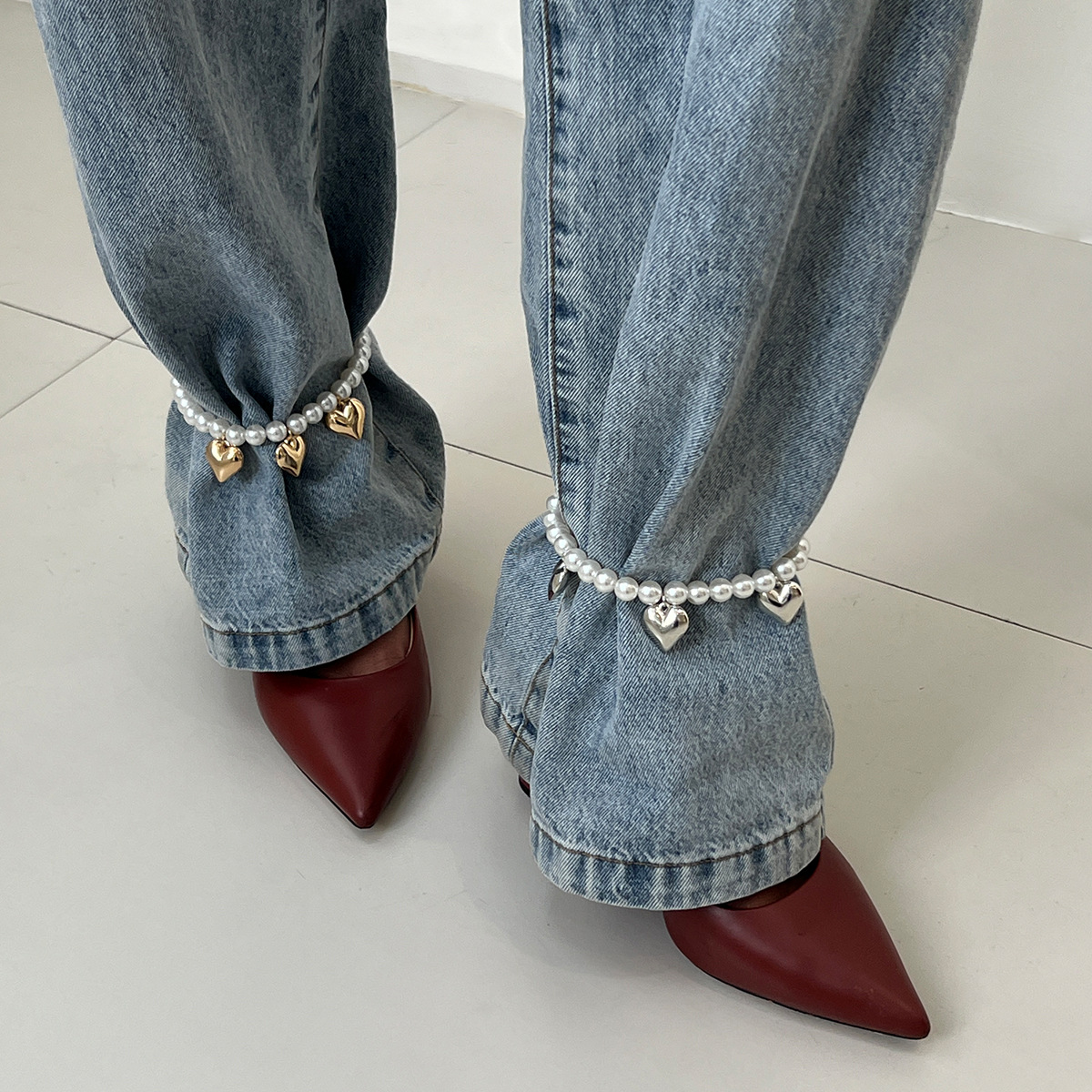 European and American Style Imitation Pearl Beaded Denim inspired Ankle Chain with High end Heart Pendant