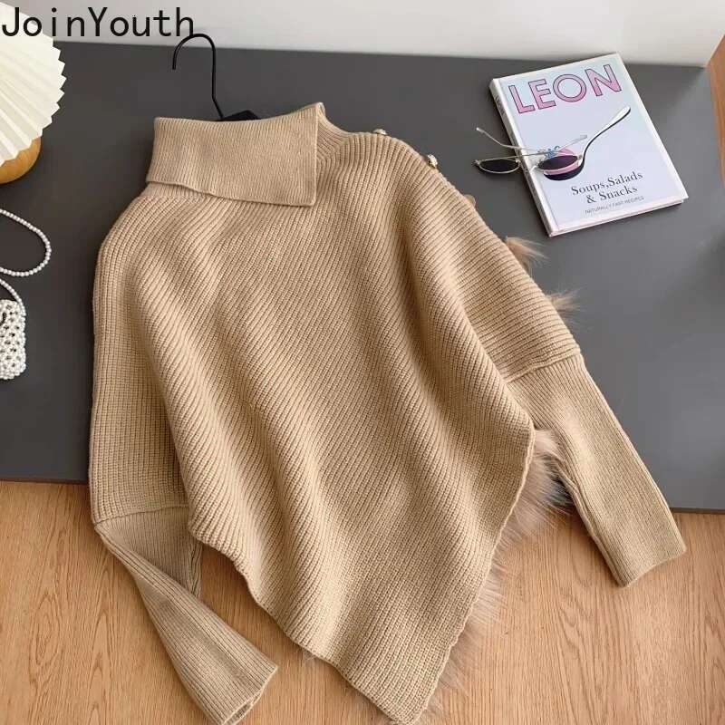 Temperament Jumper Patchwork Furry Pullovers Women Clothing Fashion Irregular Sueter Mujer Single Breasted Knitting Sweater Tops