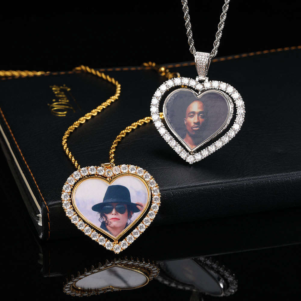 Hip Hop Rotatable Double-Sided Heart Micro-Paved Zircon Commemorative Frame Necklace Photo Pendant 2100