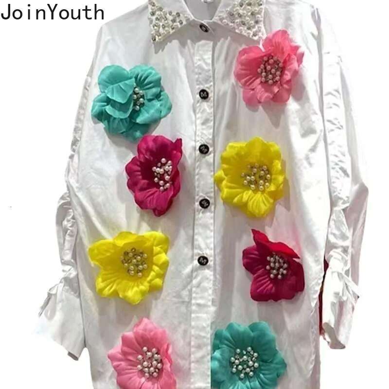 Sweet 3D Floral Blouses 2025 Women Clothing Camisas De Mujer Long Sleeve Chic Beading Shirts Loose Temperament White Blouse Tops