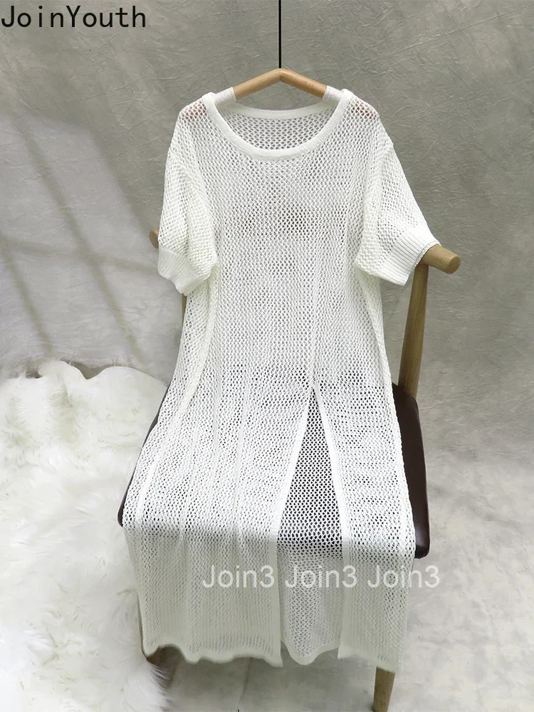 Knitted Dresses for Women Korean Summer Robe Femme 2025 Vestidos De Mujer Short Sleeve Split Hollow Out Thin Fashion Y2k Dress