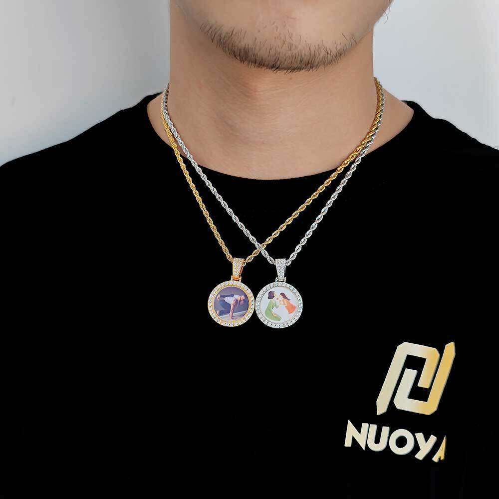 Unique Creative Mini Small Round Photo Pendant Micro-Paved Zircon Hip-Hop Frame Necklace 40bd
