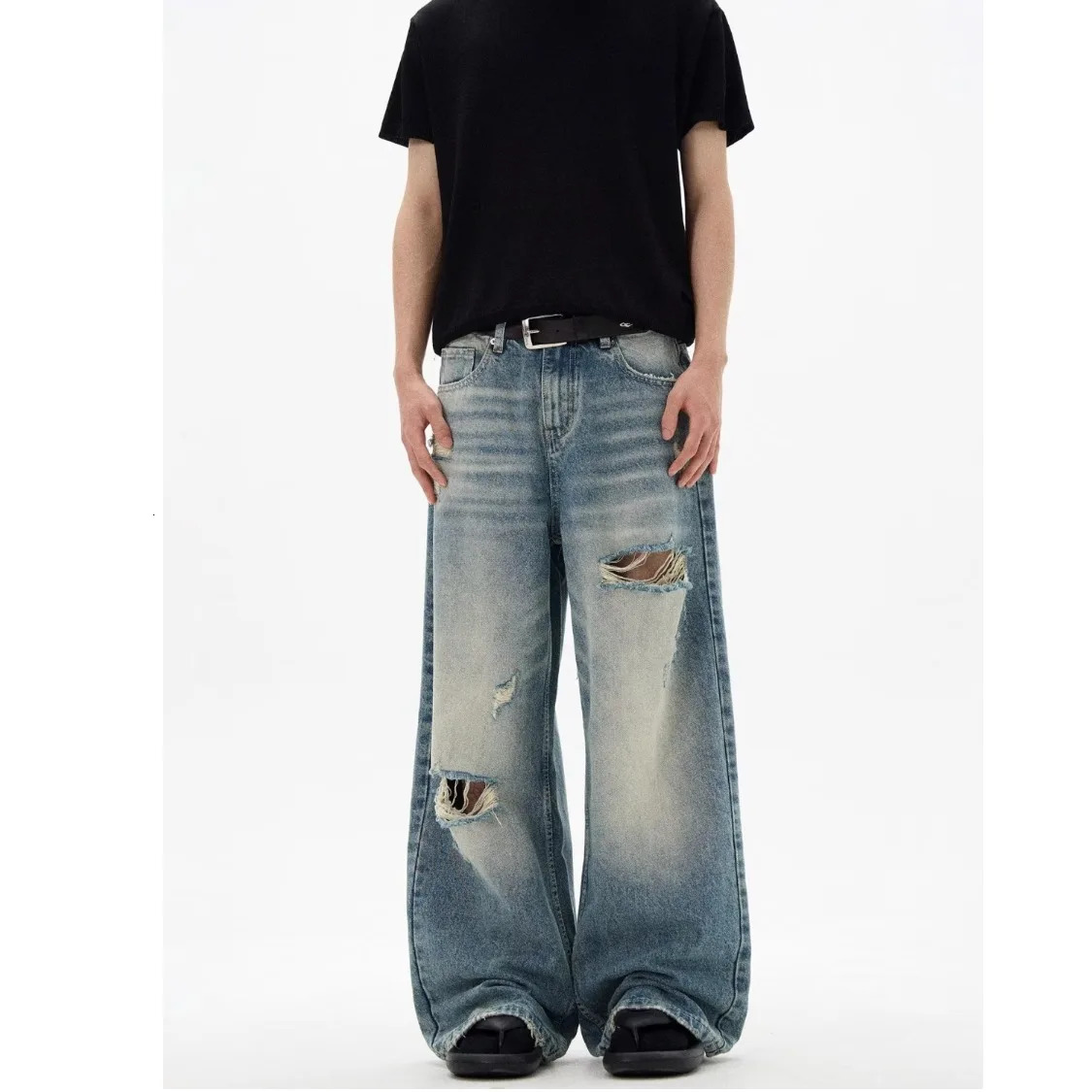 DM Mens Jeans Cat Whisker Ripped Summer Hole Stylish Loose Straight Wide Leg Male Casual Trousers 250618