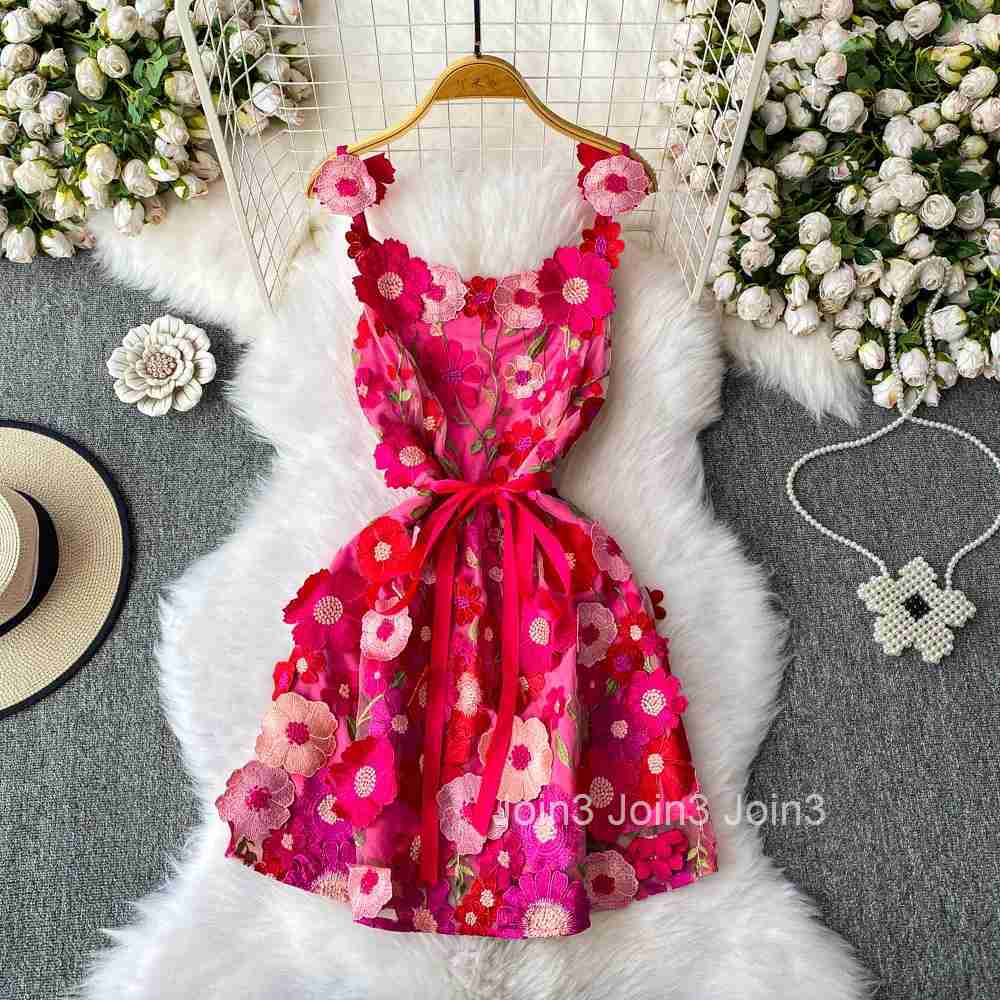 Temperament Robe Femme Sweet Summer Dress Women Clothes 2025 Vestidos De Mujer 3D Floral Sleeveless Tunic Bodycon Mini Drresses