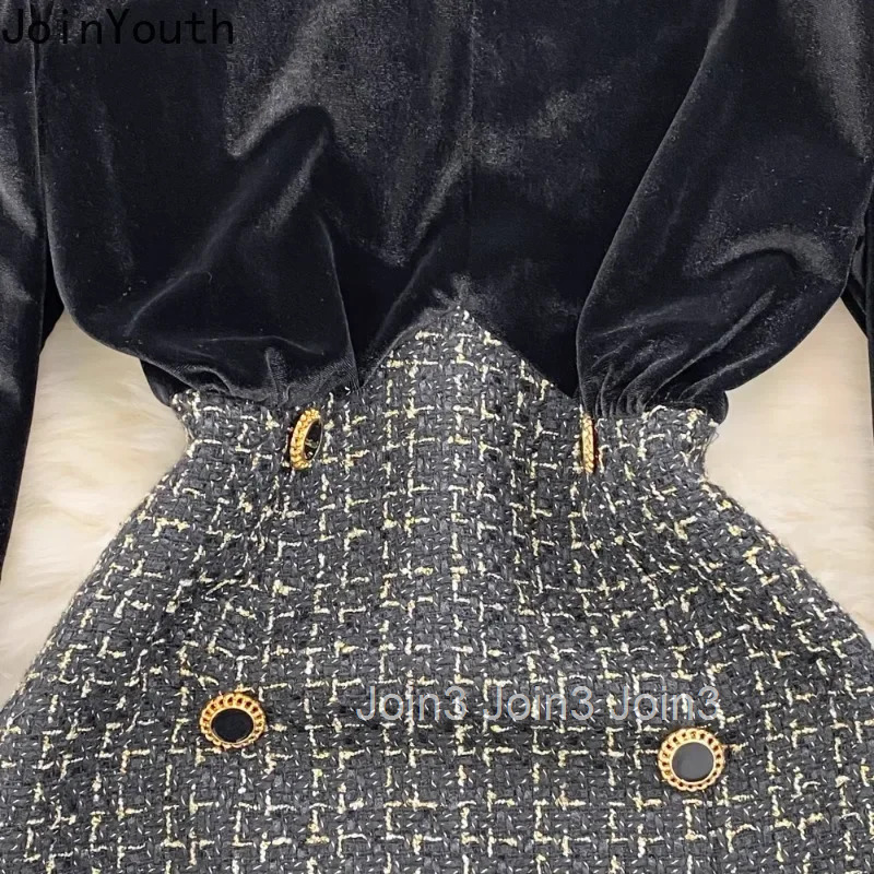 2025 Vestidos De Mujer Contrast Color Dresses for Women Stand Neck Temperament Robe Femme Slim Waist Double-breasted Tweed Dress