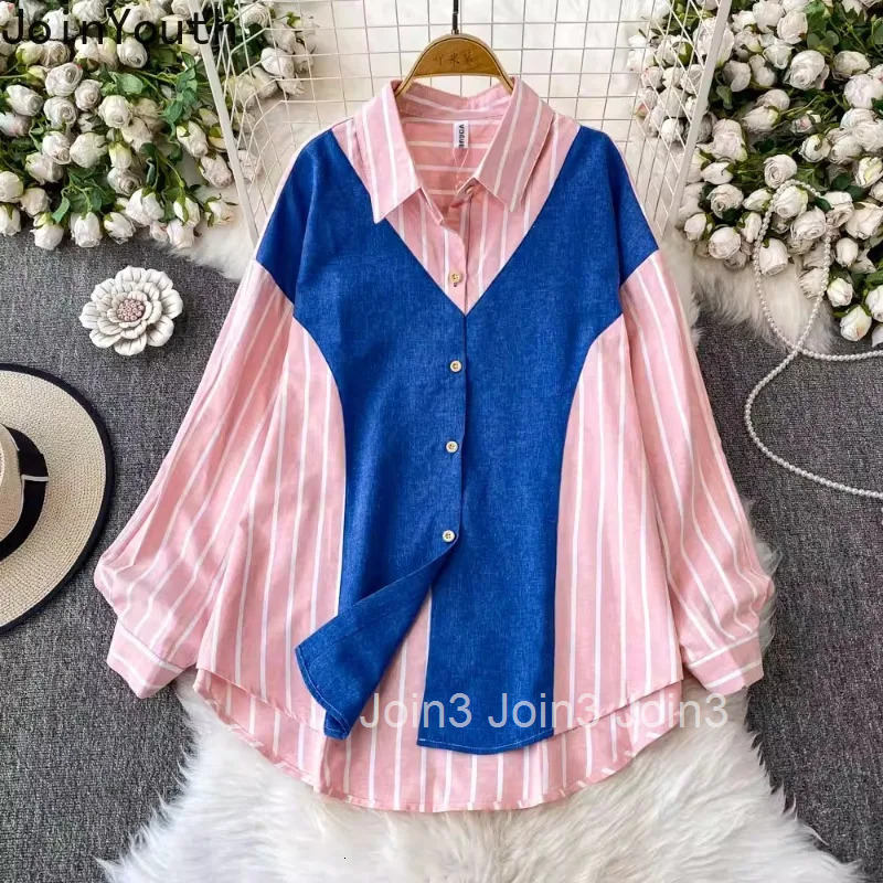 Korean Casual Shirts Women Clothing Patchwork Striped Long Sleeve Blouses Fashion Summer Loose Tops 2025 Blusas Mujer De Moda