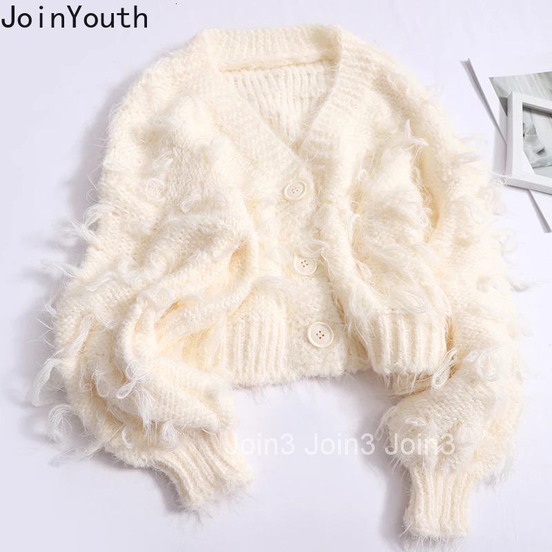 V-neck Tassel Sweet Cardigan Jackets Womens Clothing Sueter Mujer Fashion Korean Pull Femme Loose Knitting Cropped Sweater Tops