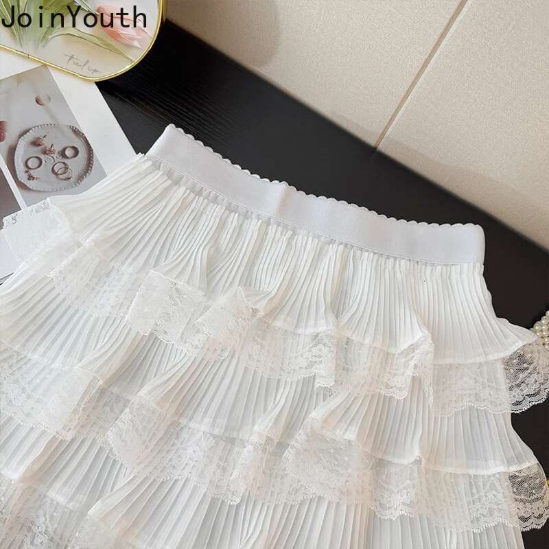 Mini Skirts for Women Sweet Jue High Waist A-line Summer Saia 2025 Faldas Mujer De Moda Patchwork Lace Chic Ruffles Cute Skirt