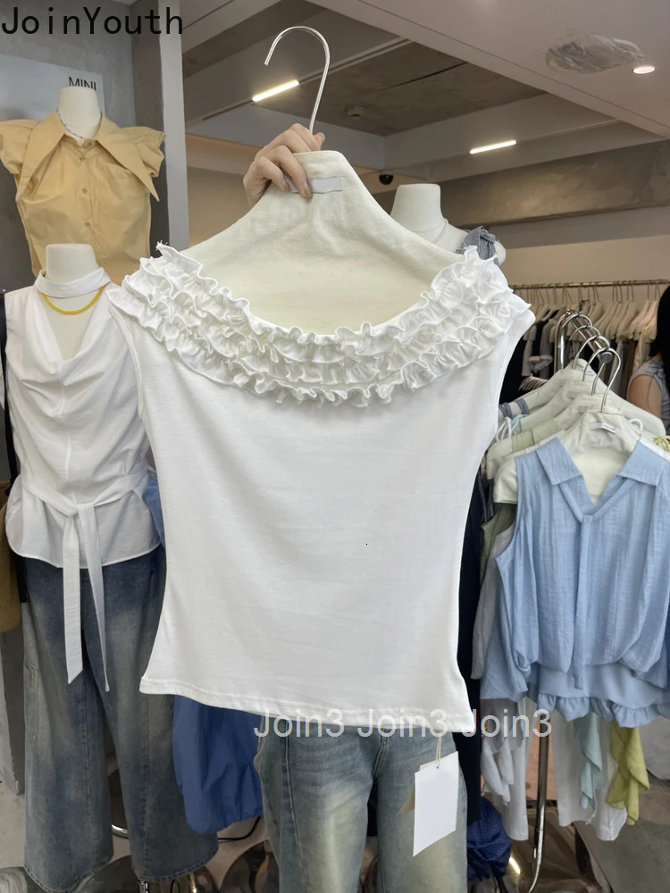 Sexy Woman Tshirts Summer White Tees Ruffles Tunic Camisetas Off Shoulder Fashion Tops Tunic Korean T-shirt 2025 Womens Clothes