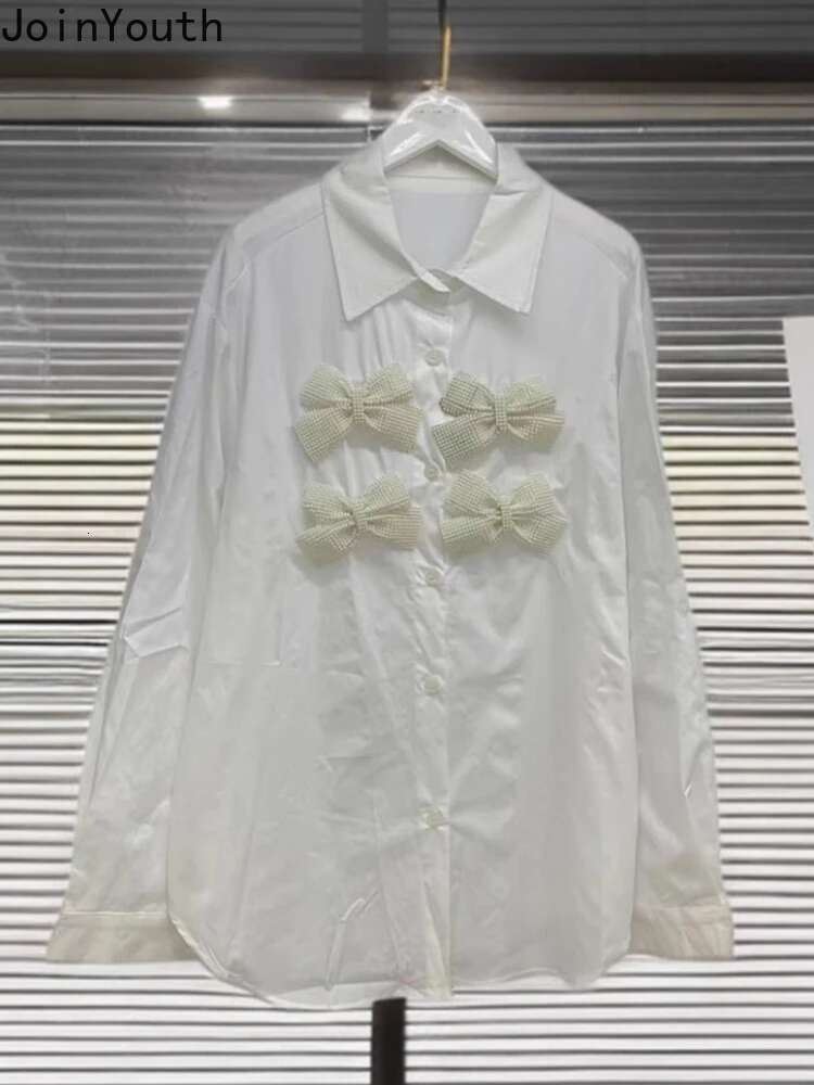 2025 Blusas Mujer De Moda Chic Long Sleeve Blouse Womens Clothing Beading Bow Fashion Tops Loose Casual White Blouses Shirts