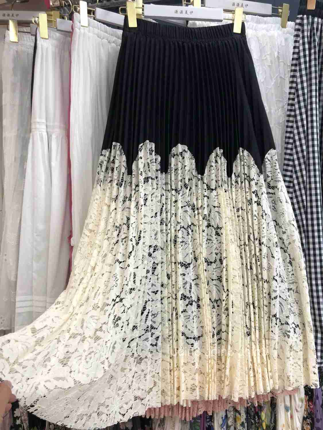 Contrast Color Lace Skirt Womens High Waist Korean Jupe 2025 Faldas Mujer De Moda Chic Summer Saia Hollow Out Pleated Skirts