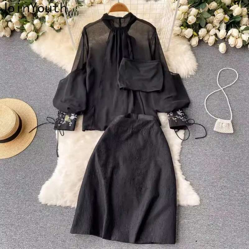 Womans Clothes for 2025 Two Piece Sets Badage Bow Shirts High Waist Bodycon Embroidery Skirt Outfits Roupas Femme Vintage Set