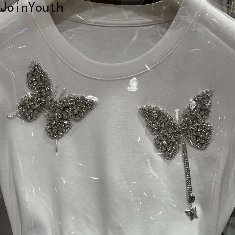 Summer Woman T Shirts Crop Tops Sweet Korean Tees Short Sleeve O-neck Slim Fit Camisetas Beading Butterfly Tshirts Ropa Mujer