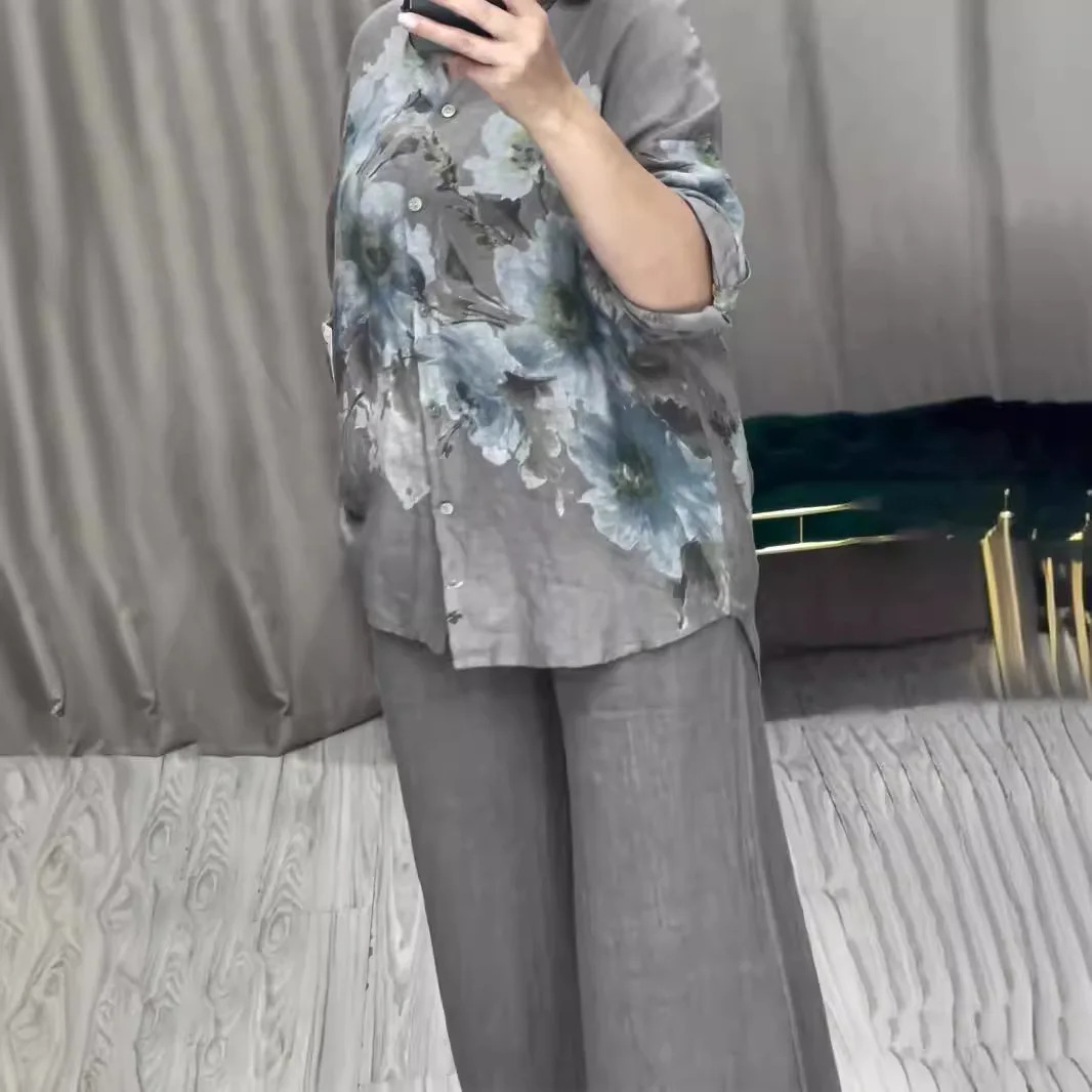 Two Piece Set Islam Muslim Women Tops Flower Print Shirt Wide Leg Pants Suits Ramadan Turkey Modest Ensembles Morocco Outfits 250617