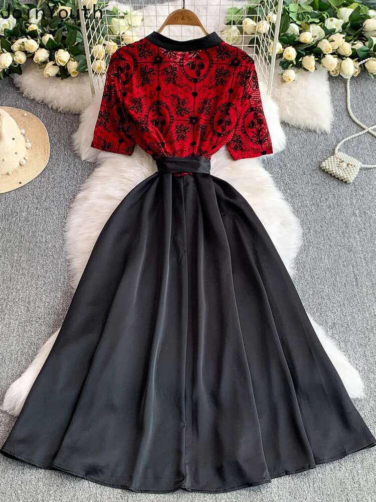 2025 Vestidos De Mujer Summer Dresses Womens Clothing V-neck Bandage Slim Waist A-line Robe Femme Patchwork Lace Vintage Dress