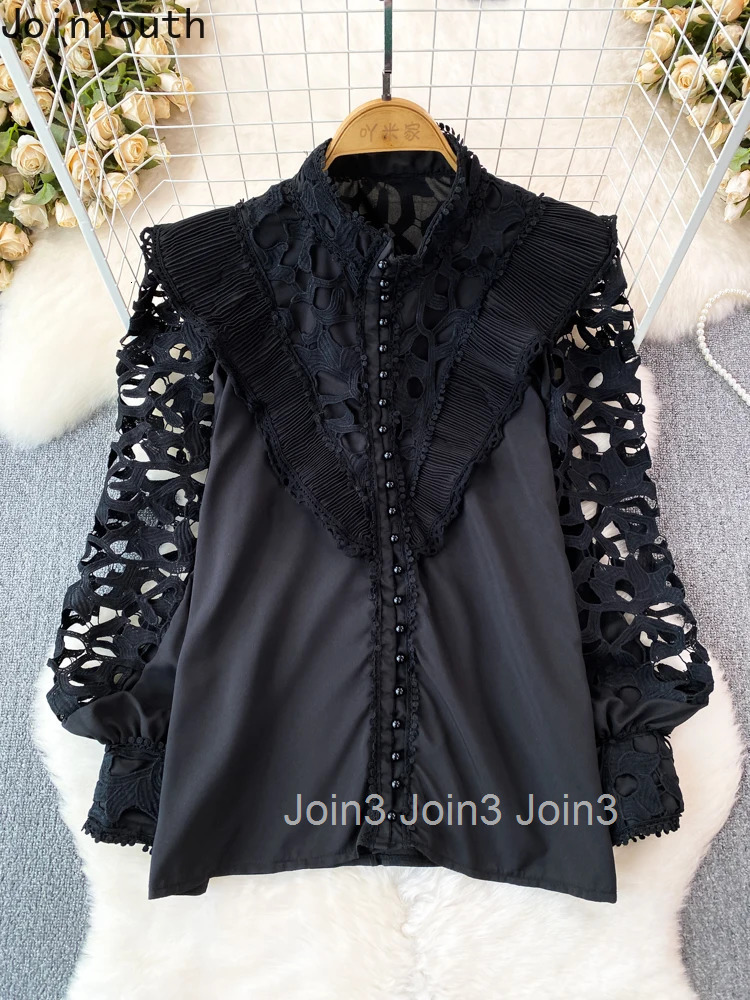 2025 Blusas Mujer De Moda Vintage Blouse Women Clothing Stand Neck Lantern Sleeve Loose Shirts Hollow Out Summer Blouses Tops