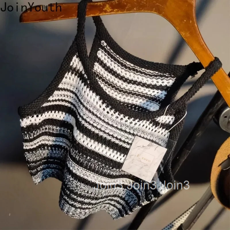 Knitting Tank Crop Top 2025 Womens Clothing Fashion Striped Summer Camis Vintage Casual Hollow Out Vest Y2k Tops Ropa Mujer