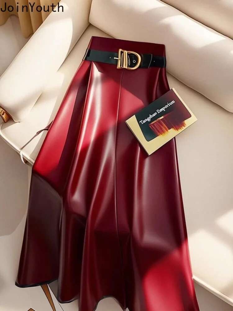 Streetwear Leather Skirts Women Temperament Jupe 2025 Faldas Mujer De Moda Tunic Korean Saia High Waist A-line PU Pleated Skirt