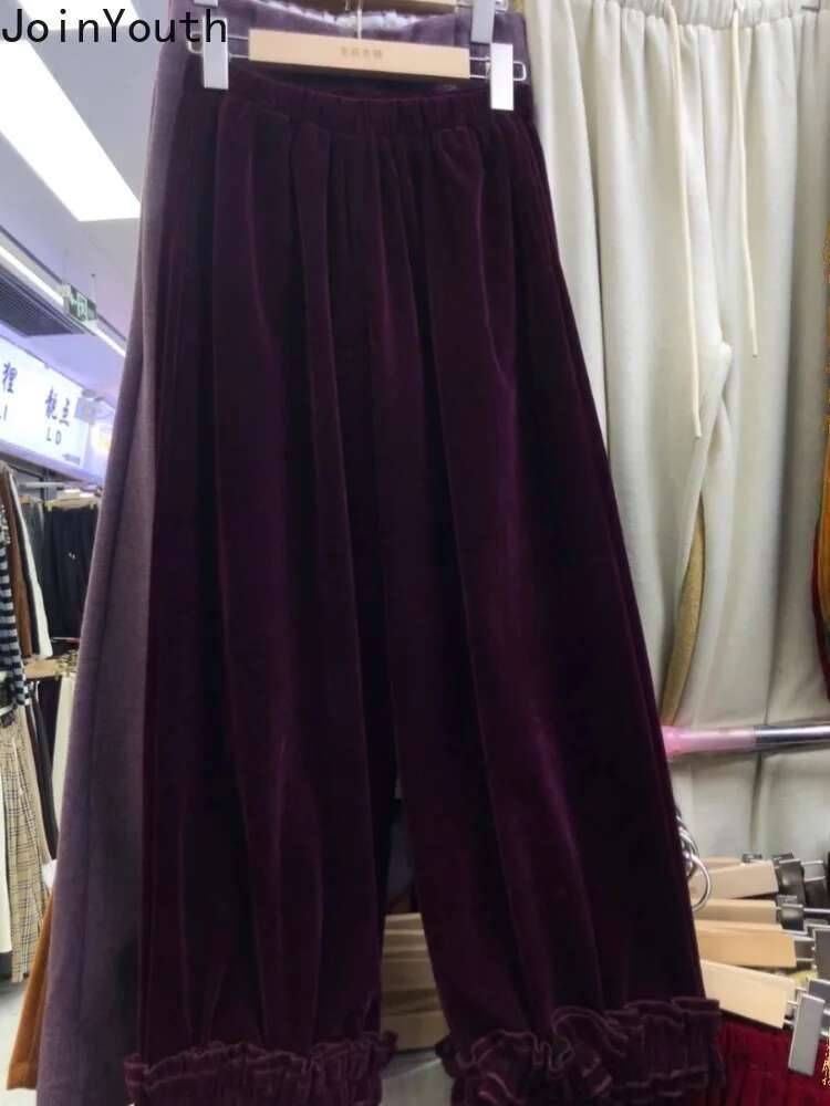 Vintage Velvet Women Wide Leg Pants High Waist Straight Tuffles Pantalon Femme Straight Loose Thicked Trousers 2025 New Bottoms