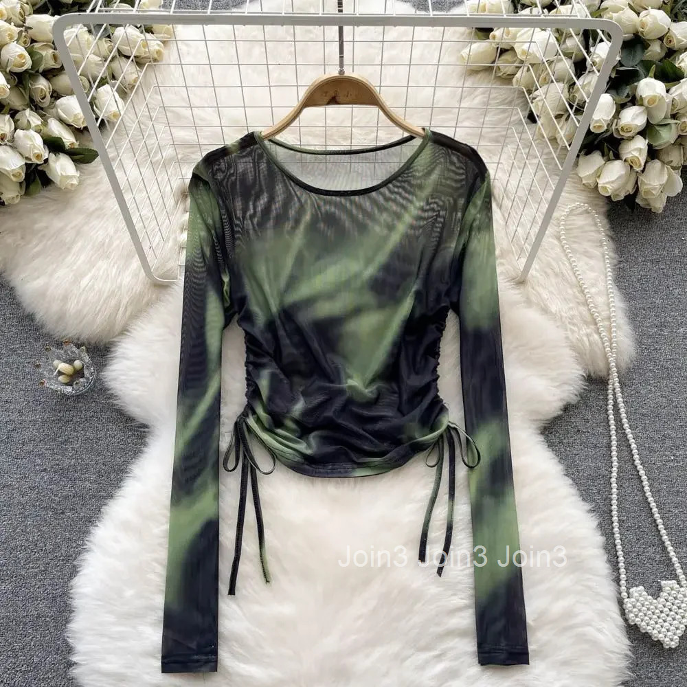 Shirts for Women Korean Vintage T Shirt Tie-dye Fashion Tees Long Sleeve Drawstring Summer T-shirt Crop Tops 2025 Ropa Mujer
