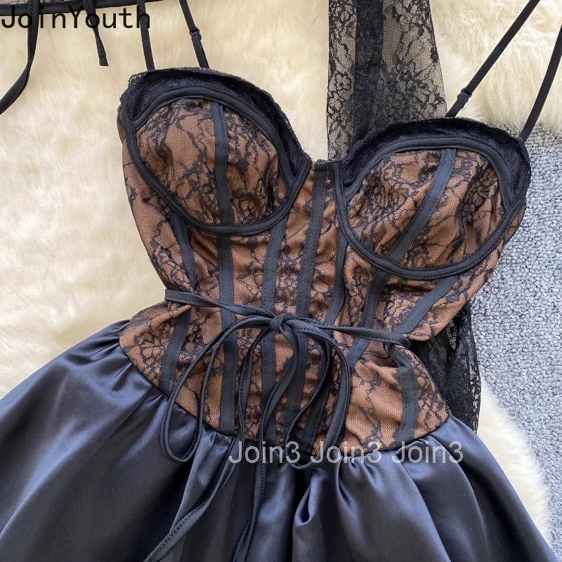 Dress Outfits Women Clothing Lace See Through Tops Tunic Bandage A-line Sweet Dresses Suit Fashion Summer Korean 2 Piece Sets