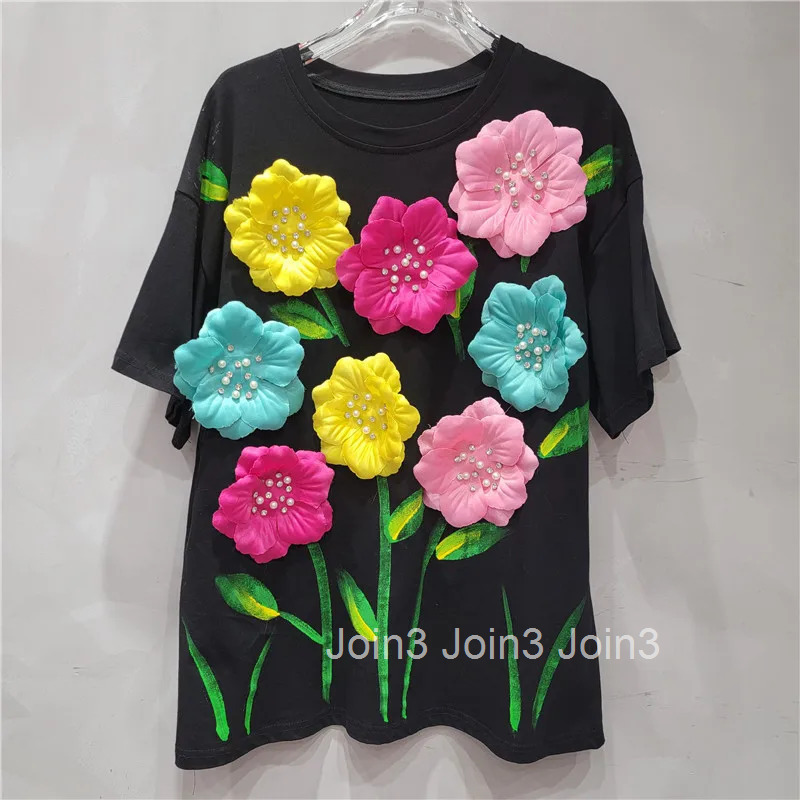 Sweet Woman Tshirts 2025 Ropa Mujer Short Sleeve O-neck Tees Chic 3D Floral T Shirt Summer Camisetas Casual Fashion T-shirt Tops