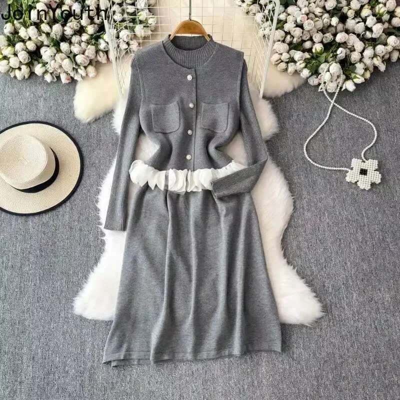 Women Clothing Knitted Outfits Two Piece Sets Long Sleeve Tunic Dresses Ruffles Single Breasted Vest Suit Vintage Korean Set