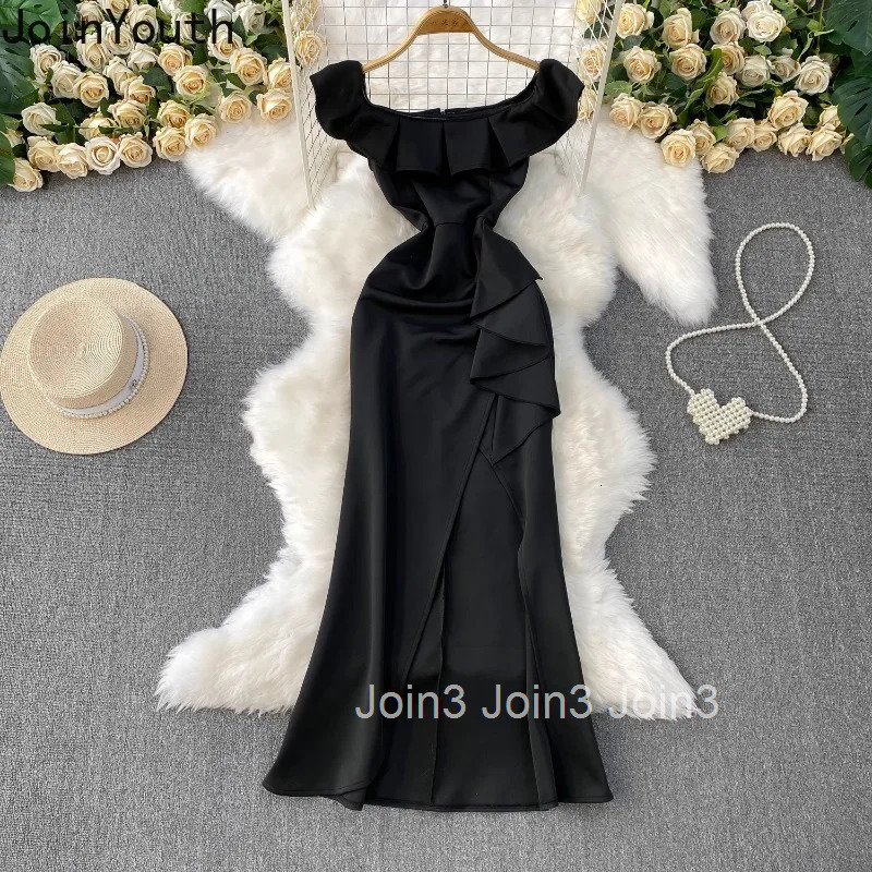 2025 Vestidos De Mujer Summer Dress for Women Slim Waist Slim Fit Split Robe Femme Ruffles Elegant Slash Neck Maxi Dresses