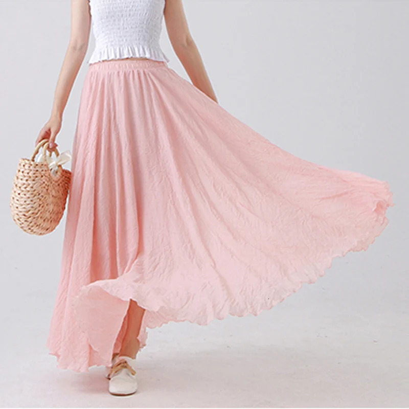 High Quality Cotton Linen Maxi Skirt Womens Casual Elastic High Waist Pleated A-Line Beach Skirts Boho Saia Feminina Faldas Jupe 250619