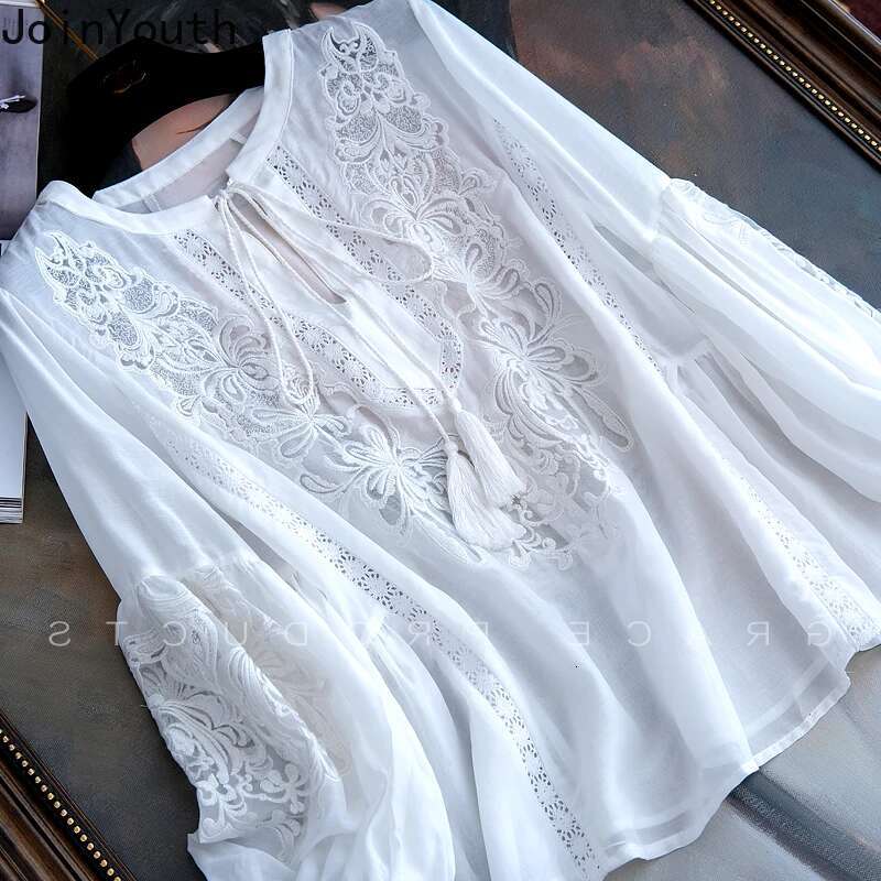 Blusas Mujer De Moda 2025 Summer Elegant Blouses Womens Clothing Embroidery Lantern Sleeve Shirts Loose Lace White Tops Femme
